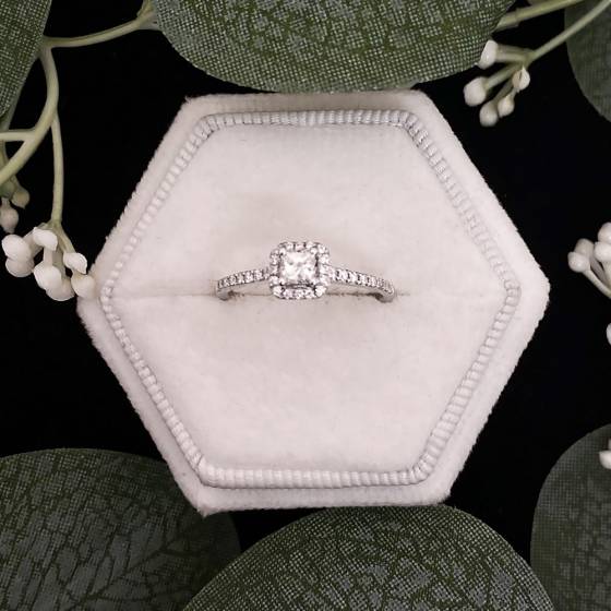 0.37ct VS2/G Princess and Natural Round Diamond Halo Engagement Ring in 18k White Gold