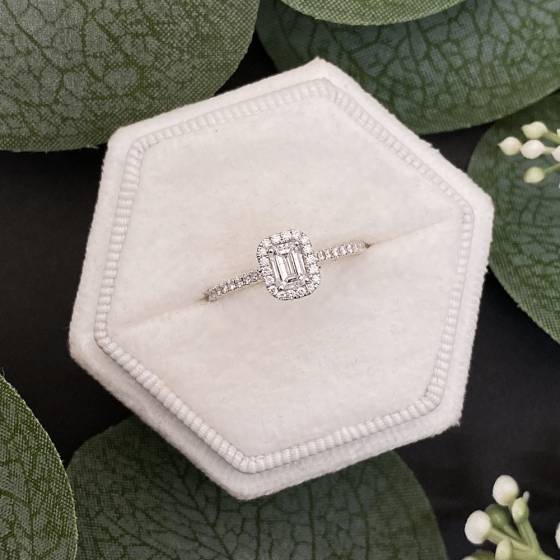 0.40ct VS/F-G Emerald and Natural Round Diamond Halo Engagement Ring in 18k White Gold