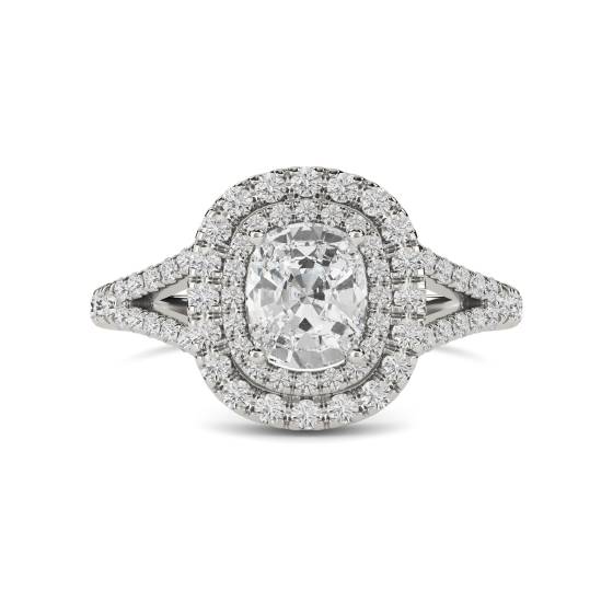 Cushion Diamond Double Halo Shoulder Set Ring