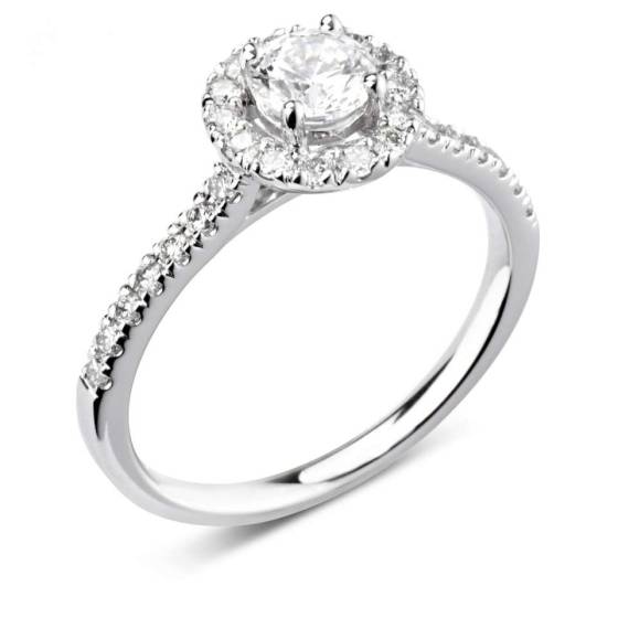 1.10ct SI2/E Natural Round Diamond Halo Shoulder Set Ring in Platinum