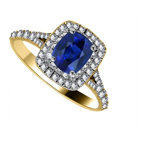 Cushion Blue Sapphire and Diamond Double Halo Shoulder Set Ring
