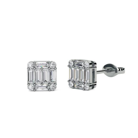 Classic Round and Baguette Diamond Cluster Earrings