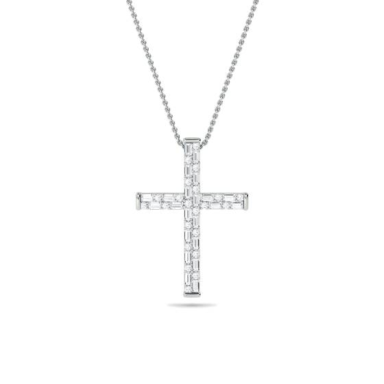 Round and Baguette Diamond Cross Pendant