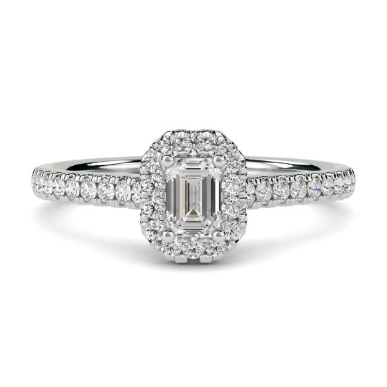Emerald and Round Diamond Halo Ring