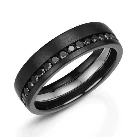 Zedd 6mm, 0.50ct Half Black Diamond Set Black Zirconium Wedding Band