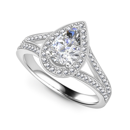 Single Halo Diamond Solitaire Platinum Ring with Diamonds on the Shank